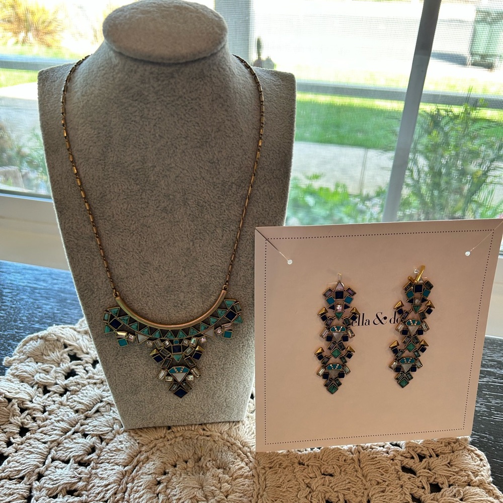 Retired Stella & Dot Mosaic Stone Tile necklace and earring set in original box